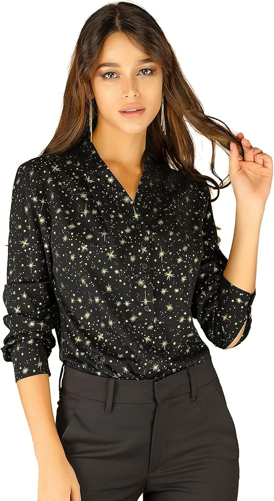 Allegra K Women's Metallic Patterned Blouse V Neck Long Sleeve Gilding Shiny Sparkly Dots Top | Amazon (US)