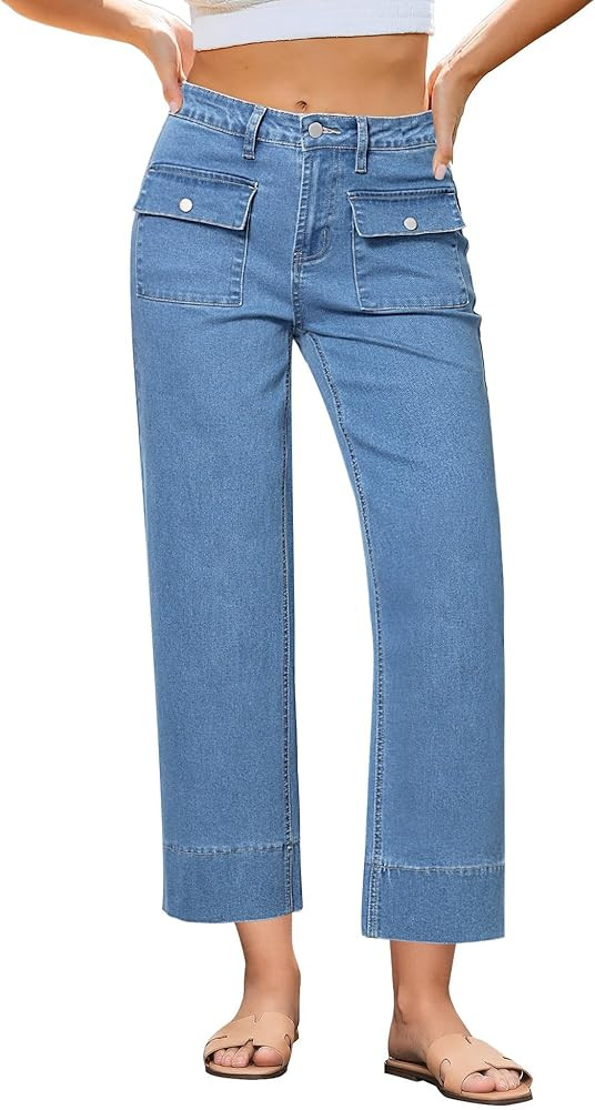 GRAPENT Wide Leg Jeans for Women Trendy High Waisted Straight Leg Cropped Stretchy Denim Pants wi... | Amazon (US)