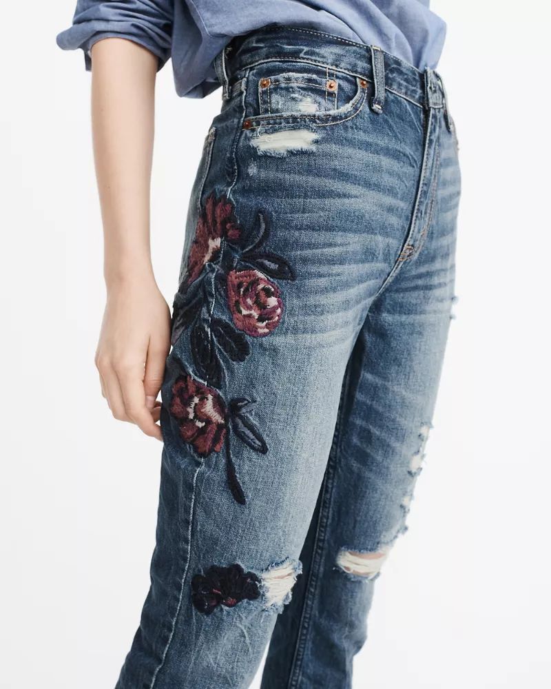 Embroidered High-Rise Girlfriend Jeans | Abercrombie & Fitch US & UK