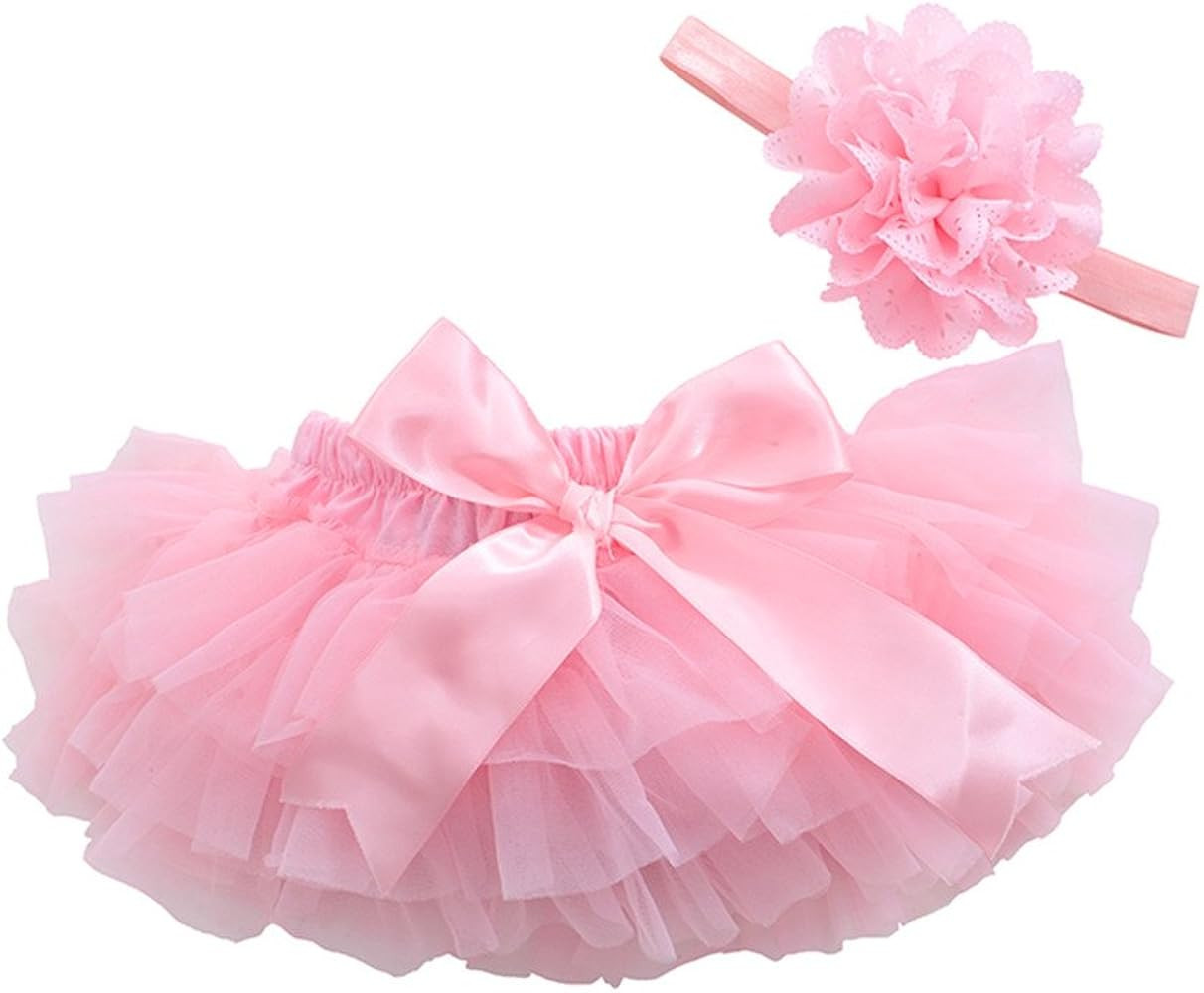 Girls Cotton Tulle Ruffle with Bow Baby Bloomer Diaper Cover and Headband Set | Amazon (US)