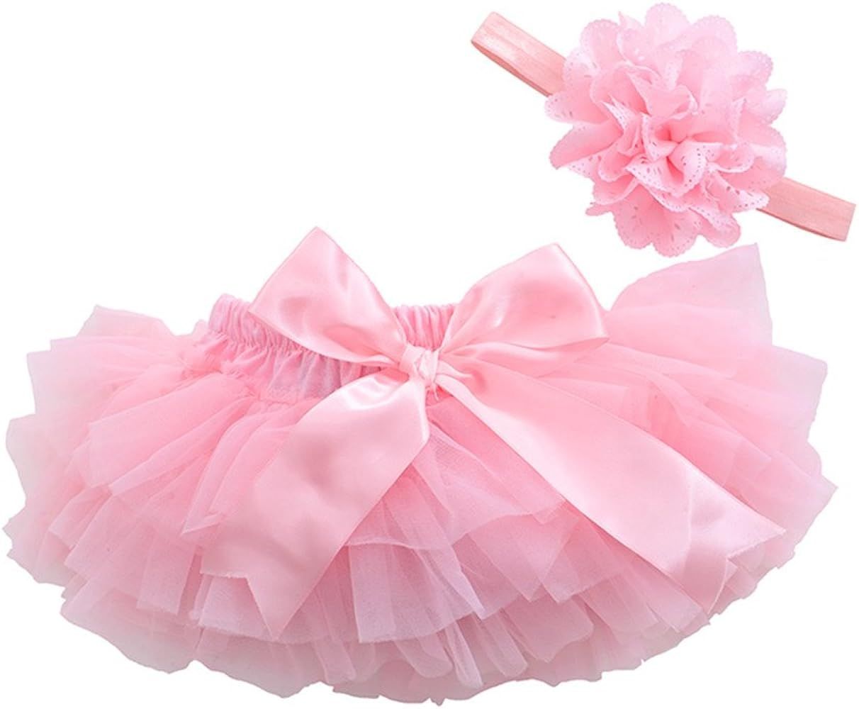Girls Cotton Tulle Ruffle with Bow Baby Bloomer Diaper Cover and Headband Set | Amazon (US)