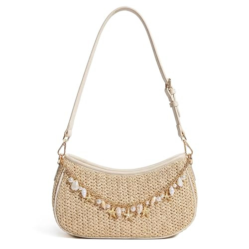 Straw Shoulder Bag for Women, Boho Woven Raffia Hobo Purse with Charm Chain, Adjustable Strap Sum... | Amazon (US)