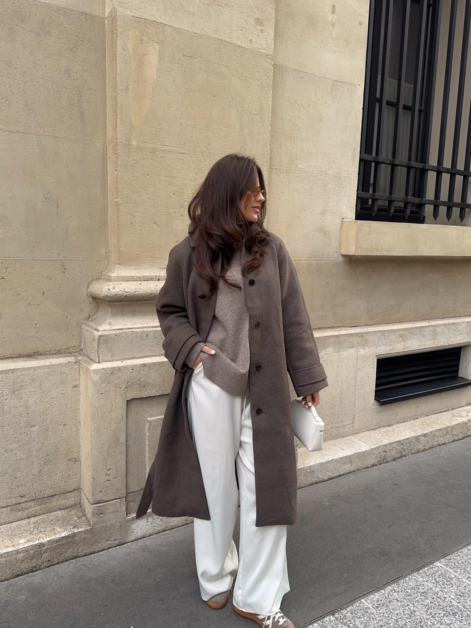 Brown coat, brown turtleneck, satin trousers, brown adidas 

#LTKautumn #LTKuk