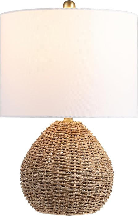 JONATHAN Y JYL8029A 20.5" Bohemian LED Table Lamp, Round Woven Rattan Coastal Nightstand Lamp with 13" White Linen Drum Shade, Farmhouse Lamp for Bedroom, Living Room, Office, LED Bulb Included, Brown | Amazon (US)