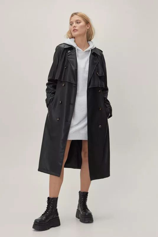Faux Leather Button Down Longline Trench Coat | Nasty Gal (US)