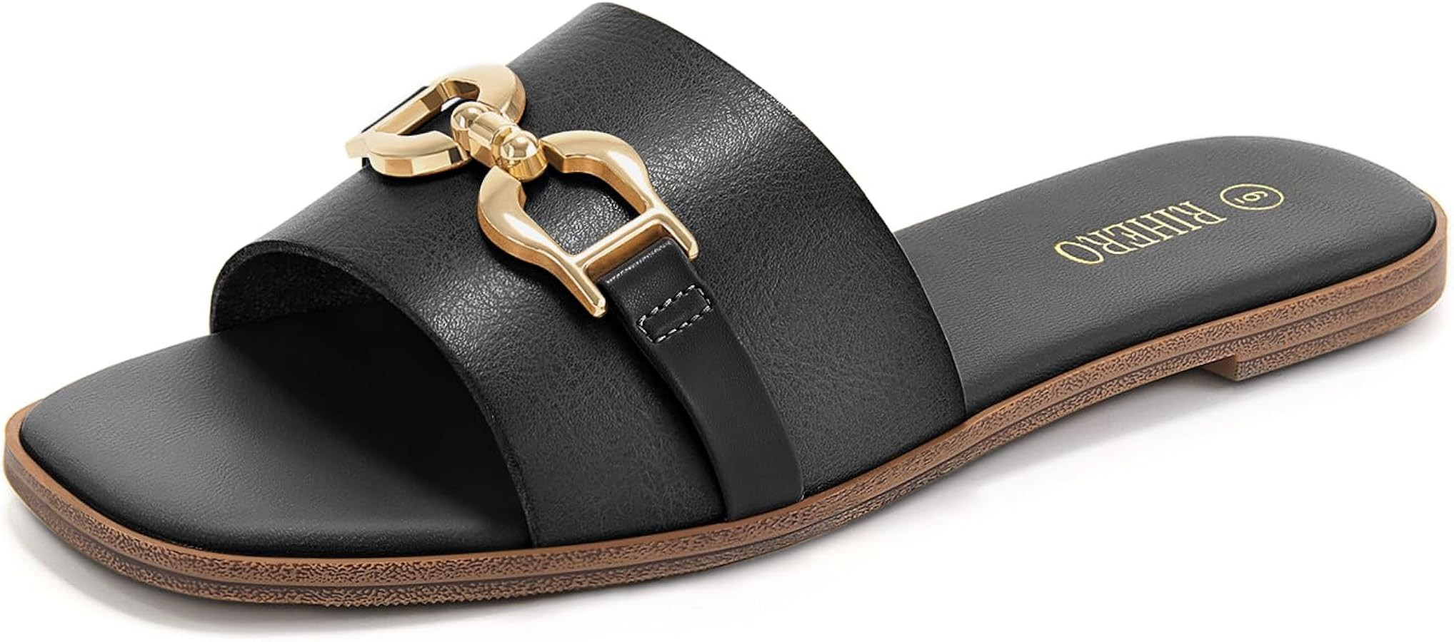 Rihero Women's Flat Sandals Square Toe Metal Buckle Summer Slide Sandals | Amazon (US)