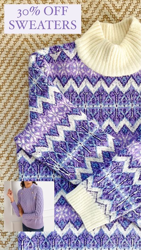 30% off these beautiful lavender sweaters! I love the fun fair isle print for winter, the holidays, or for aprés ski trips. That style also comes in a pretty fair isle blue print. And the cable knit sweater is such a classic, lots of color options! 

Sizing: Fits TTS, but if you prefer a more fitted look and you’re between sizes, I would size down. Otherwise take your normal size

Winter fashion, sale alert, Talbots, holiday sweater, Christmas sweater, mom style, fall sweaters, classic, preppy  

#LTKsalealert #LTKHoliday #LTKfindsunder100