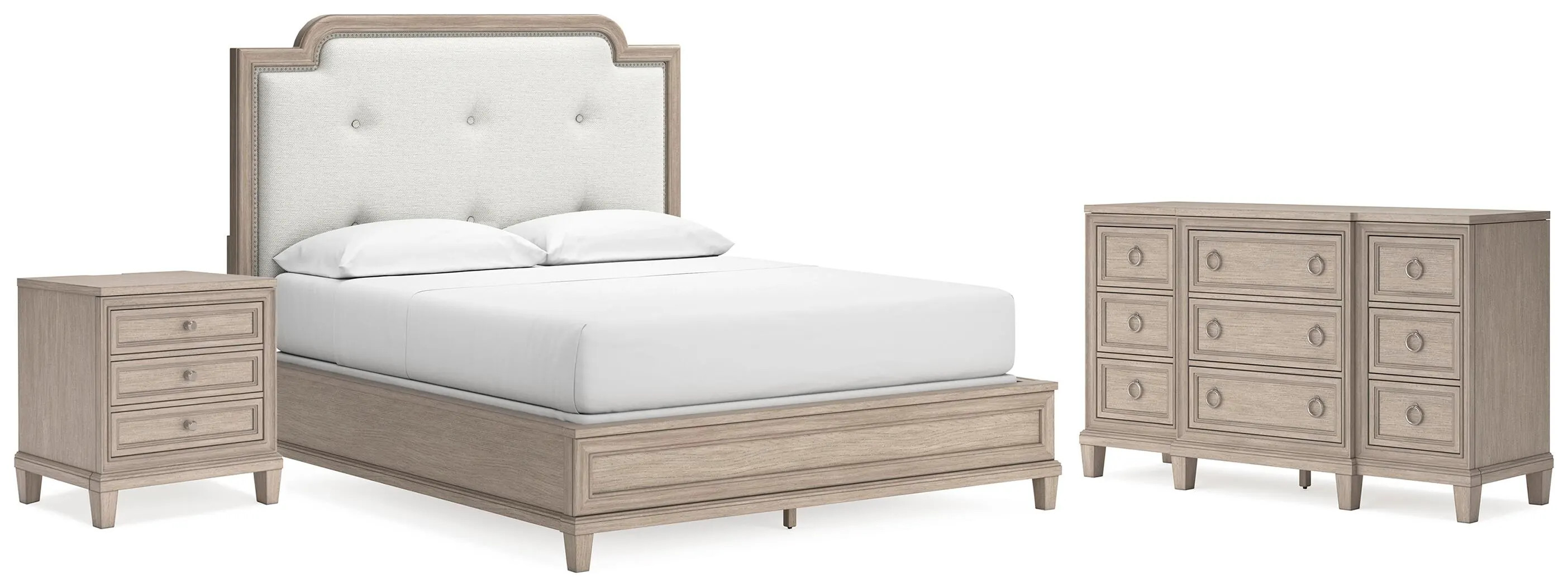 Jorlaina California King Upholstered Panel Bed with Dresser and Nightstand, Light Grayish Brown | Ashley