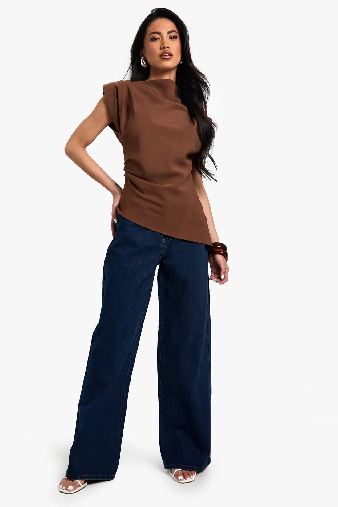 Chocolate Gathered Shoulder Pad Asymmetric Blouse | Boohoo USA | boohoo (US & Canada)