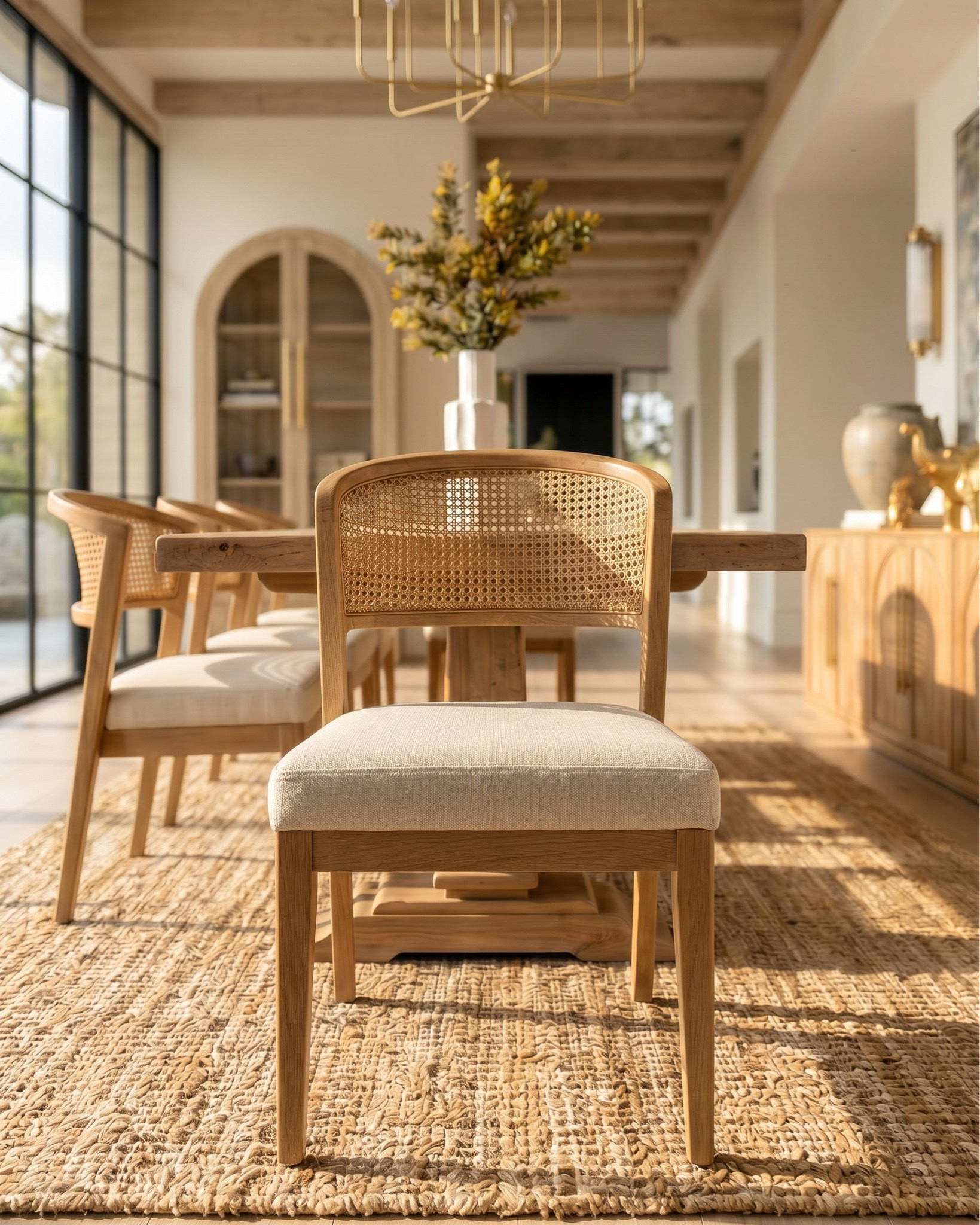 Shop the look:
* Oak wood extendable dining table
* Wood cane dining chair
* Beige jute rug
* Wood oak console credenza 
* White ceramic vase 
* Distressed terracotta vase
* Ceramic table lamp 
* Brass gold decor figures 
* Decor book 
* Oak wood display cabinet 
* Brass gold chandelier 
* Glass brass wall sconce 
* Blue subtract wall art

#LTKhome #LTKsale #LTKstyletip