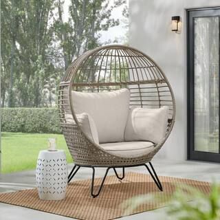 Tan Stationary Wicker Round Outdoor Lounge Egg Chair with CushionGuard Almond Biscotti Cushions | The Home Depot