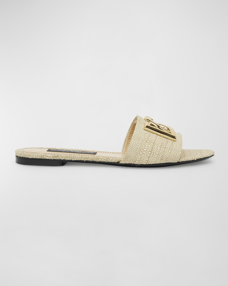 Dolce&Gabbana Raffia DG Medallion Flat Slide Sandals | Neiman Marcus
