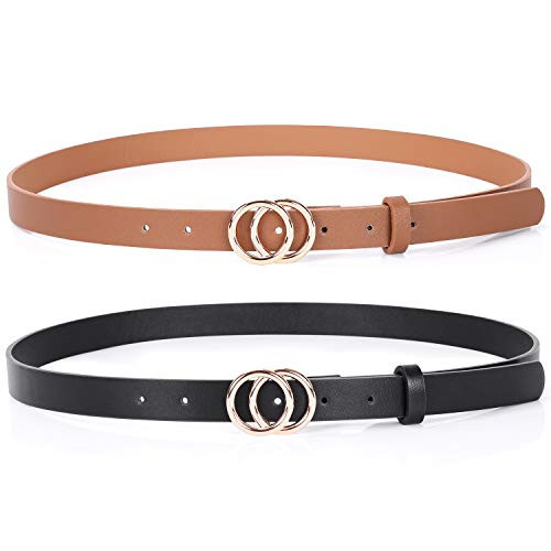 SANSTHS Double Ring Black Leather Belts for Women Gold Buckle Thin Dress Belt for Jeans Pants, Black S | Amazon (US)