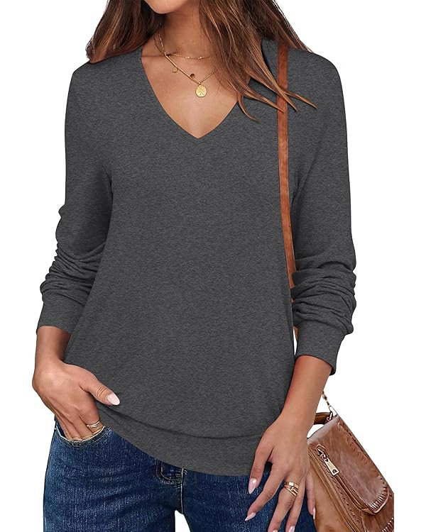 ANRABESS Women's Long Sleeve Shirts Casual Loose V Neck Basic Tees Tops 2025 Fall T-Shirt Outfits | Amazon (US)