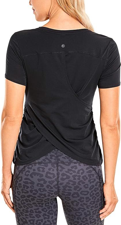 CRZ YOGA Women's Workout Short Sleeves Athleisure Shirts Split Back Yoga Top with Side Shirring | Amazon (US)