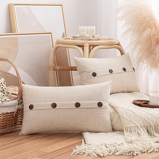 Pack of 2 Burlap Linen Throw Pillow Covers with Buttons, Rustic Farmhouse Decorative Boho Lumbar ... | Amazon (US)