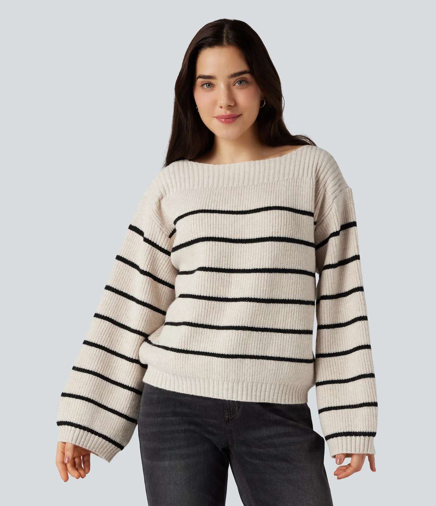 Women’s Boat Neck Long Sleeve Stripes Work Sweater - Halara | HALARA