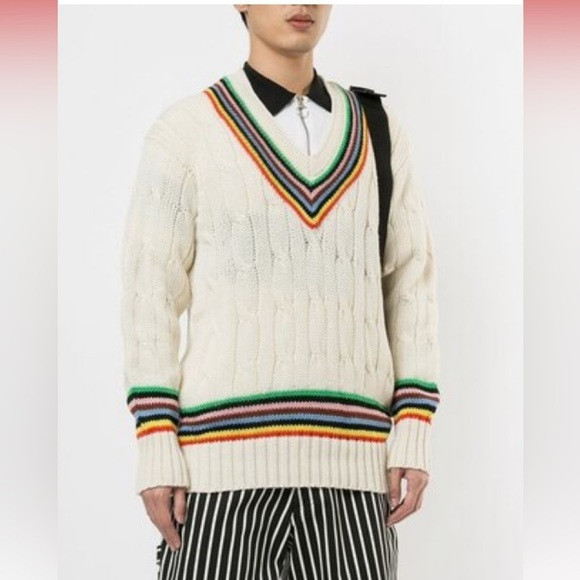 Rowing Blazers Cream Wool V-Neck Striped Cricket Sweater NWOT Size M | Poshmark