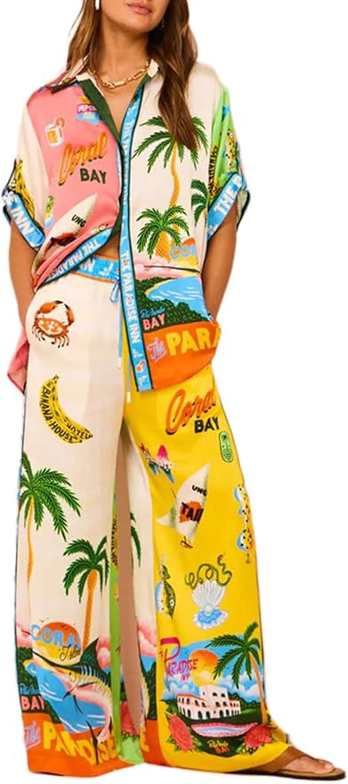 Women's Pajama Set Printed Lounge 2 Piece Outfits Soft Button Down Sleepwear Pants and Top | Amazon (US)