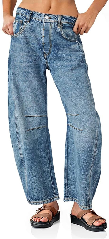 PLNOTME Women's Baggy Boyfriend Jeans Vintage Wide Leg Mid Rise Barrel Denim Ankle Pants | Amazon (US)