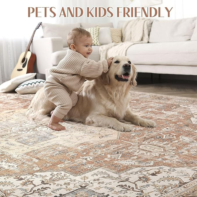 Washable Rug 5x7 Area Rugs: Boho Vintage Distressed Oriental Medallion Neutral Thin Rug Carpet fo... | Amazon (US)