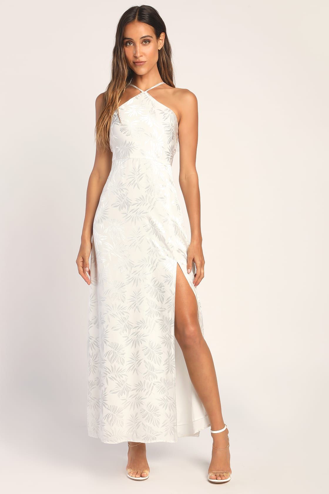Elegant Expressions White Satin Leaf Print Halter Maxi Dress | Lulus (US)
