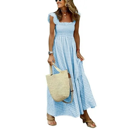 Chouyatou Women's Retro Plaid Smocked Dress Spaghetti Strap Flounce Long Dress(Sky Blue,M) | Walmart (US)