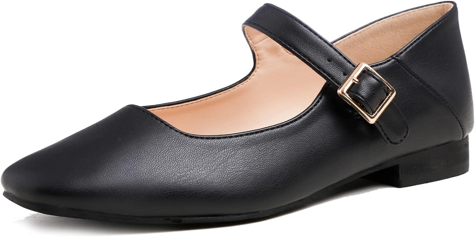 FEVERSOLE Women's Mary Jane Fashion Square Toe Easy Buckle Low Heel Slip On Flats | Amazon (US)