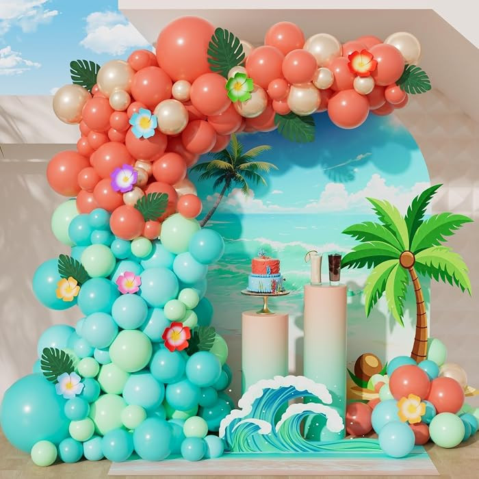 151pcs Tropical Balloon Arch Kit, Coral Red Teal Pastel Green Blue Pearl Gold Balloons for Tropic... | Amazon (US)