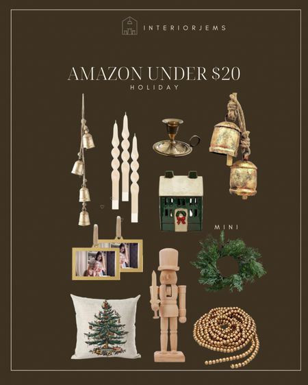 Amazon under $20 holiday decor, strand of bells, mini wreath, Christmas pillow, twisted candles, Christmas village, ornaments, nutcracker, twisted candles, 

#LTKsalealert #LTKhome #LTKstyletip