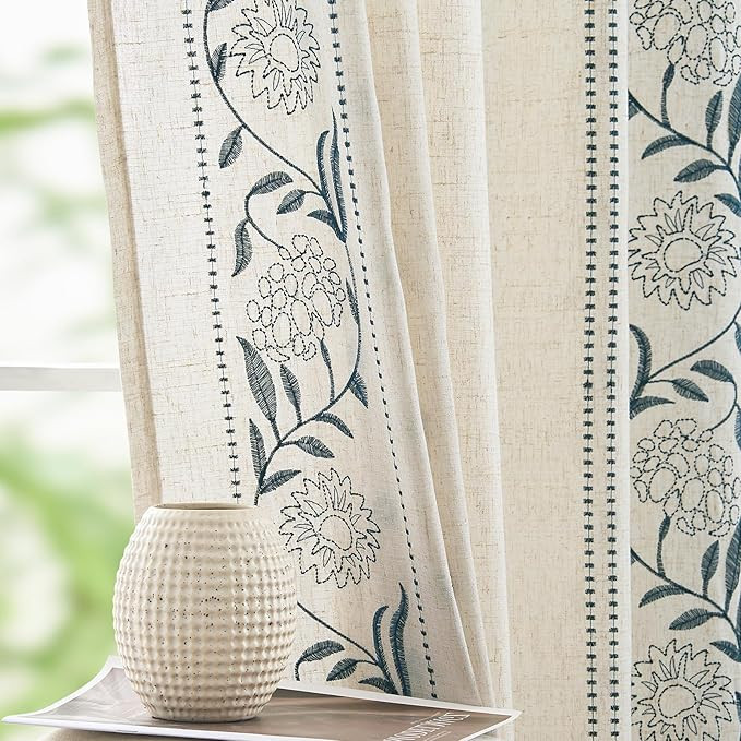 jinchan Winslow Linen Curtains for Bedroom 84 Inches Length Embroidered Bordered Floral Curtains ... | Amazon (US)