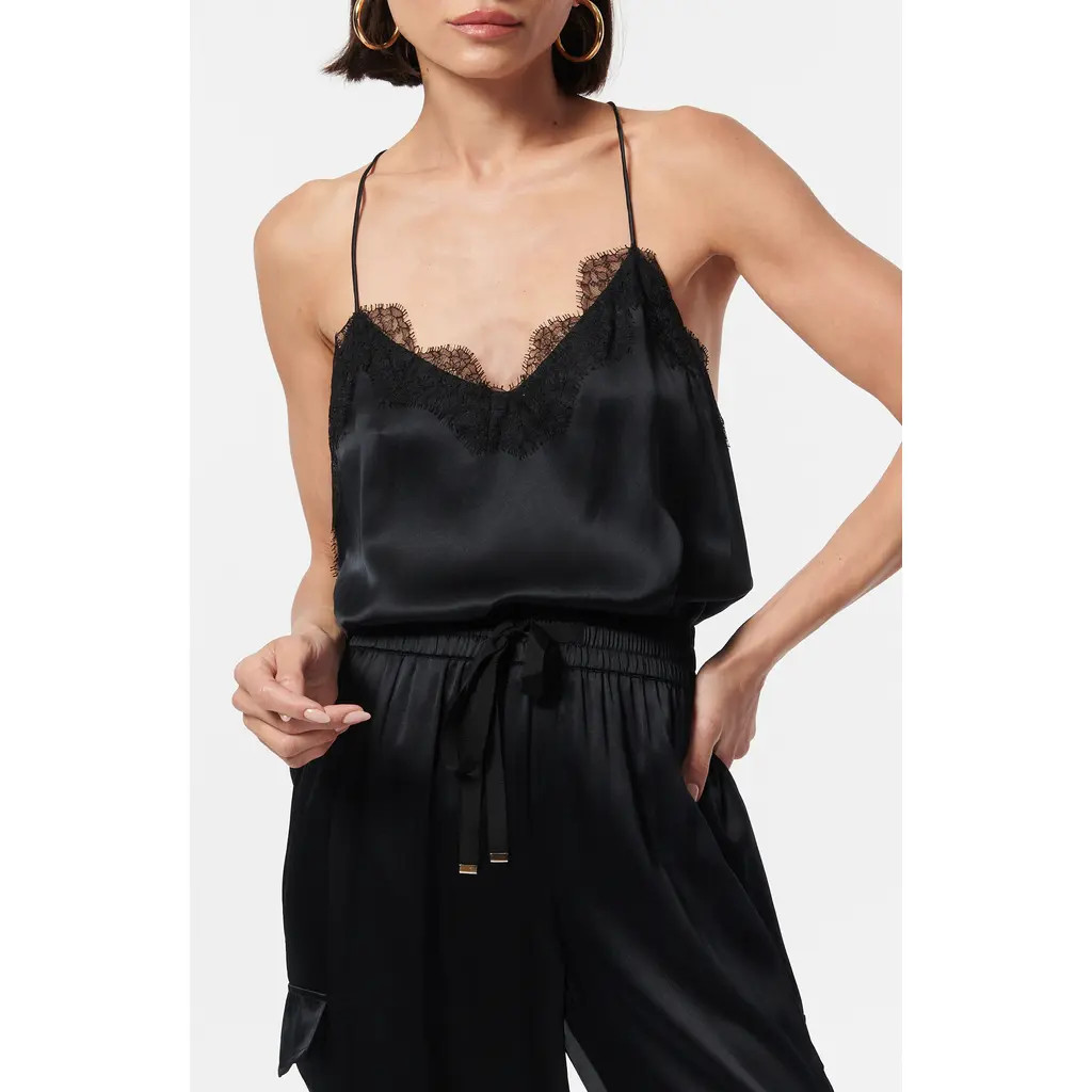 CAMI NYC The Racer Lace Trim Silk Camisole in Black at Nordstrom, Size Large | Nordstrom