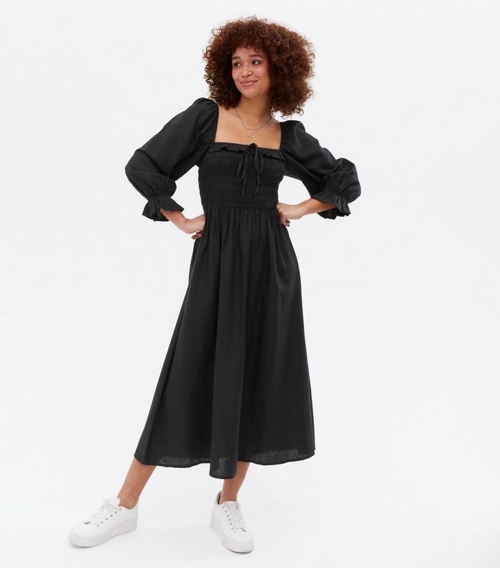 Black Shirred Frill Square Neck Midi Dress
						
						Add to Saved Items
						Remove from Save... | New Look (UK)
