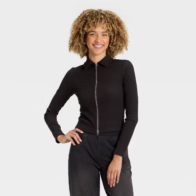 Women's Long Sleeve Brushed Ribbed Polo Zip-Up Jacket - A New Day™ Black XS | Target
