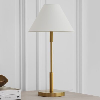 Scott Living Porteau 23-in Satin Brass On/Off Switch Table Lamp with Linen Shade | Lowe's
