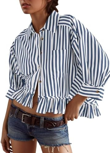 Women's 3/4 Sleeve Button Down Striped Shirt Ruffle Hem Blouses | Cute Cotton Blouses, Loose Fit ... | Amazon (US)