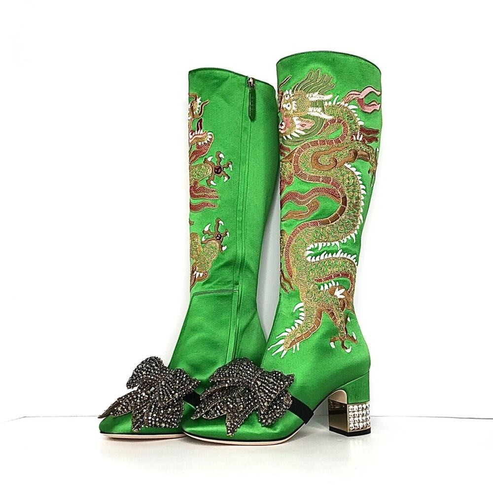 NEW Gucci Candy Dragon Embroidered Bow Crystal Embellished Knee High Boots 36 | Poshmark