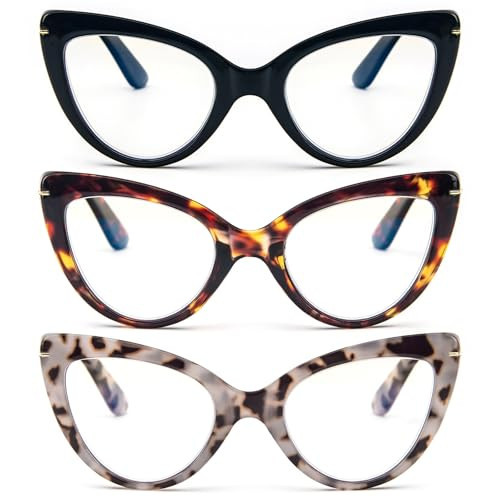 MMOWW Cat Eye Reading Glasses 3 Pairs Fashion Cute Blue Light Blocking Readers for Women, Black/Tortoise/Grey Powder +1.5 | Amazon (US)