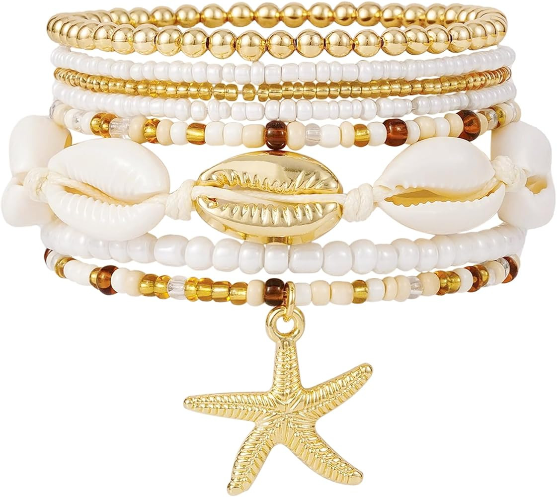 LALAPPLE Shell Bracelet Boho Beaded Stretch Bracelets for Women Seashell Strand Bracelets Starfis... | Amazon (US)