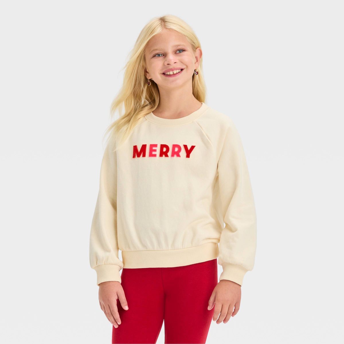 Girls' Crew Neck French Terry Pullover Sweatshirt - Cat & Jack™ Off-White S | Target