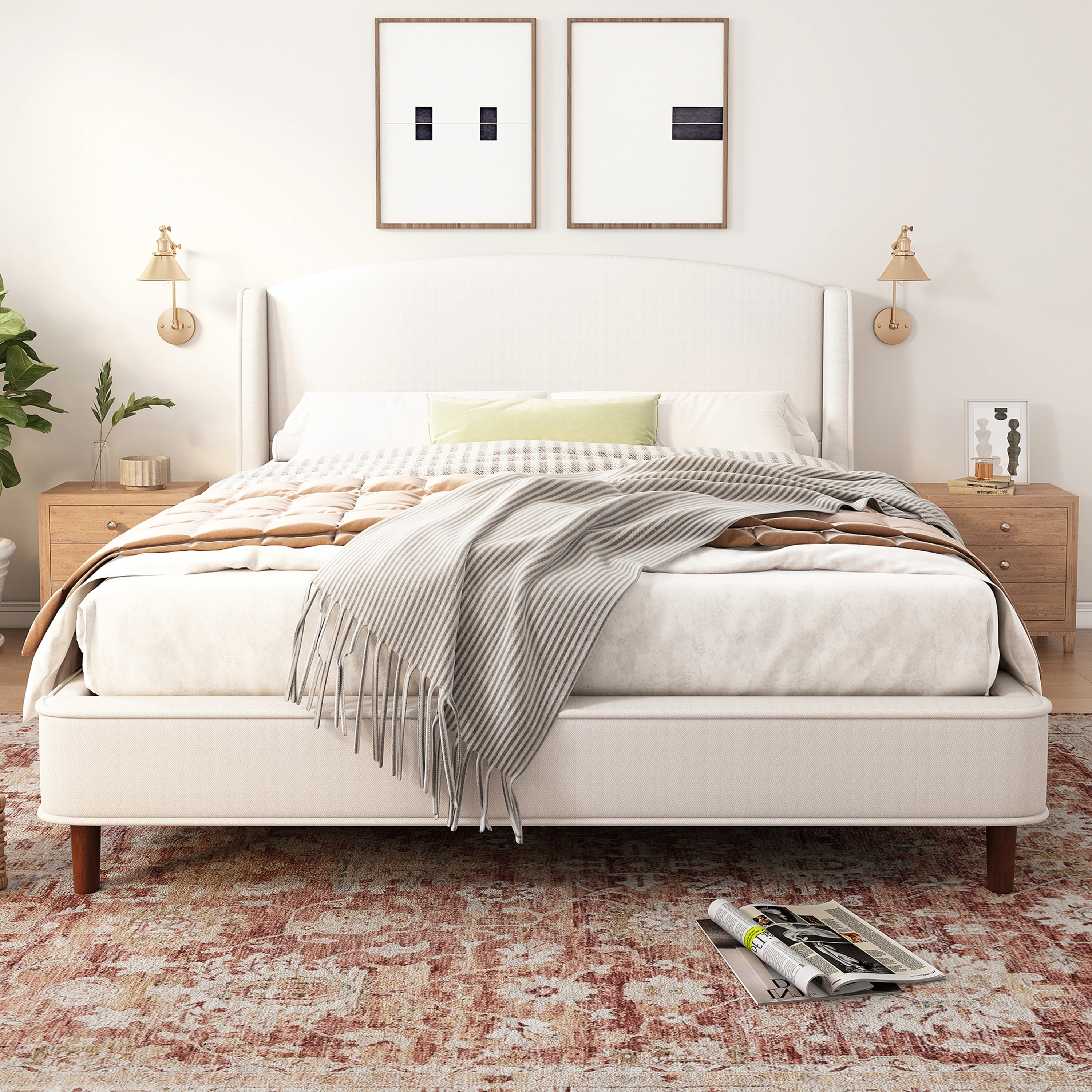 King Size Bed Frame, Upholstered Platform Bed with Curved Wingback Headboard and Solid Wood Legs,... | Overstock