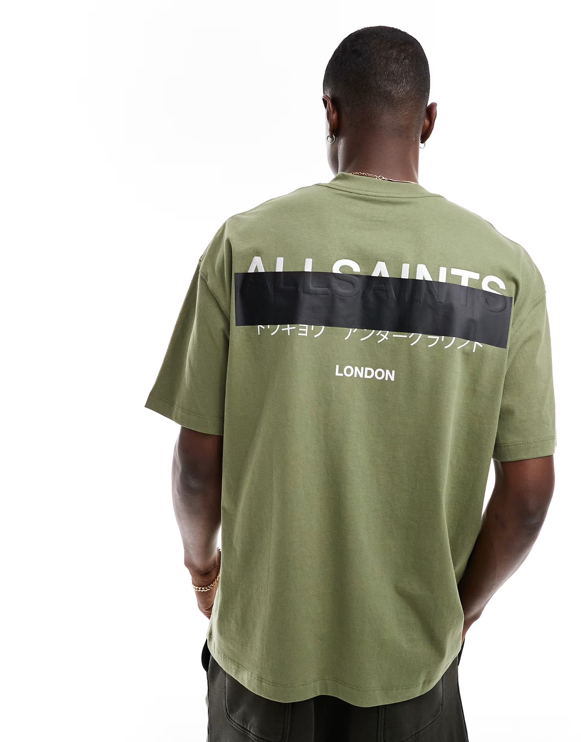 AllSaints Redact oversized embroidered logo t-shirt in green | ASOS | ASOS (Global)