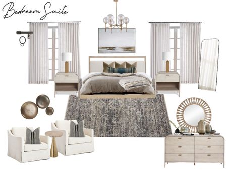 Master bedroom. Bedroom design. Chandelier. Comforter. Bedding. Throw blanket. Rug. Area rug. Chair. End table. Side table. Dresser. Bedroom furniture. Mirror. Wall art. Canvas  

#LTKhome