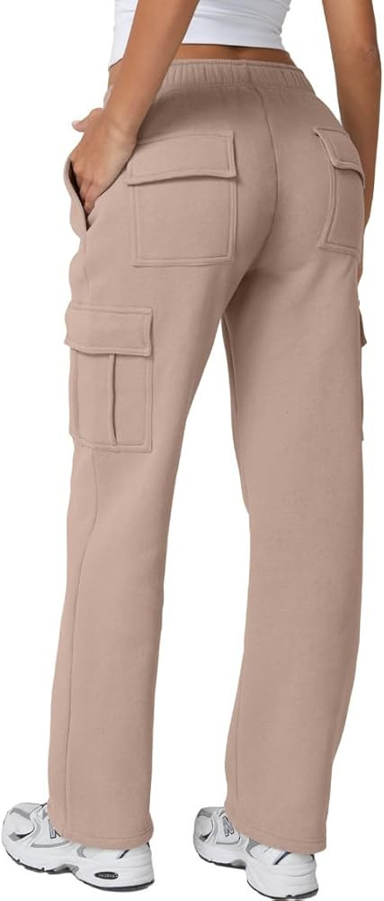QINSEN Womens Medium Waist Baggy Elastic Waist Sweatpants Casual Fleece Long Pants with Pockets | Amazon (US)