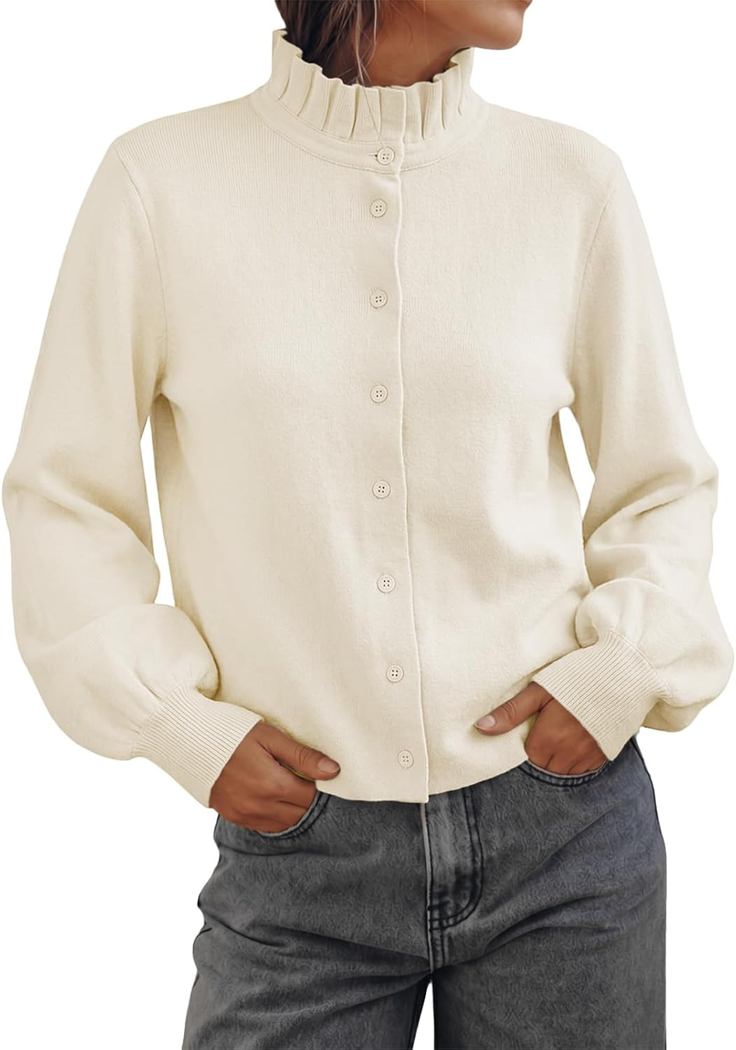 Cicy Bell Womens Puff Long Sleeve Cardigan Sweaters Ruffle Collar Knit Tops | Amazon (US)