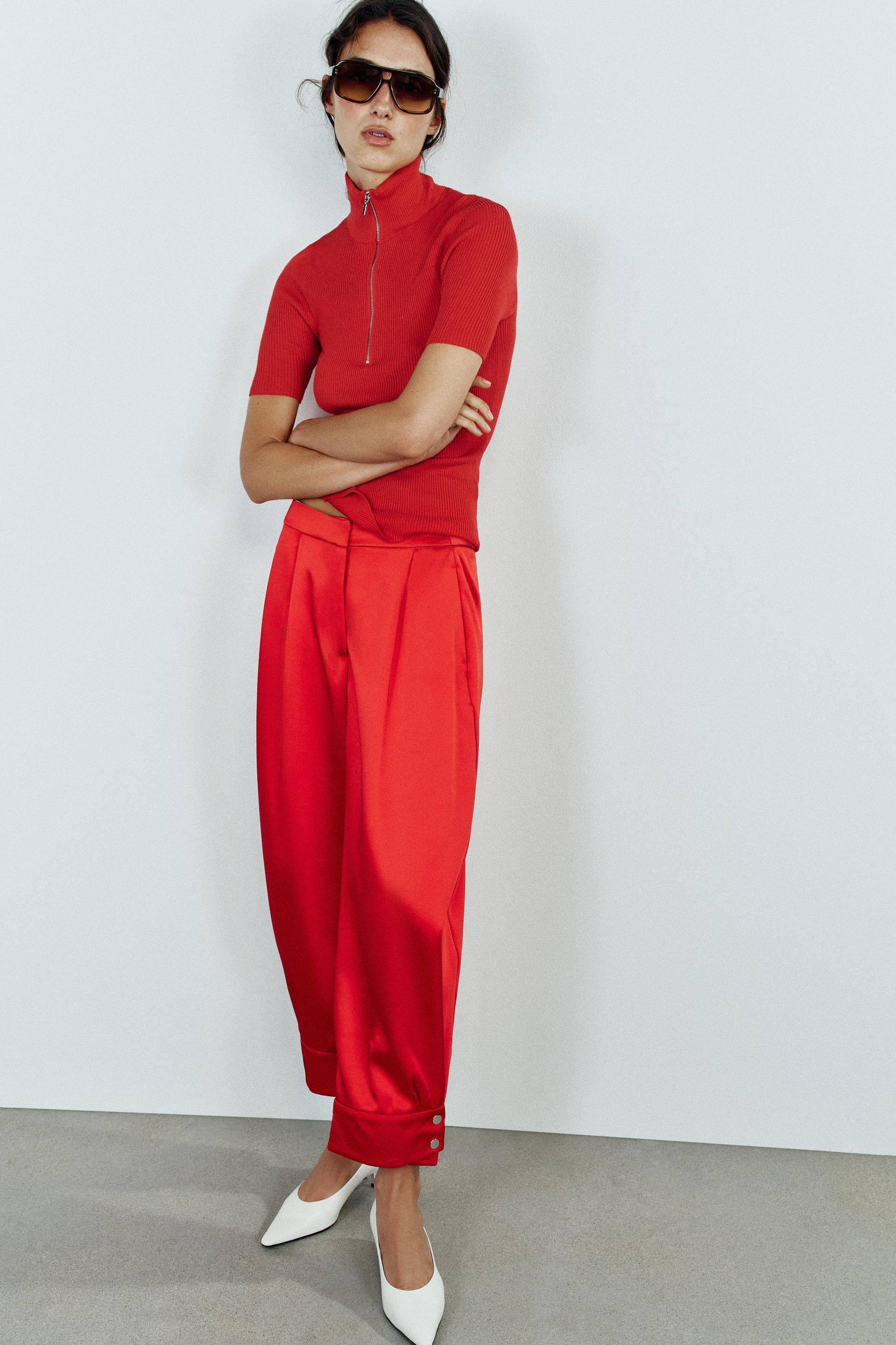Zara - Satin Pants With Buttoned Hems - Red - M - Woman | Zara US