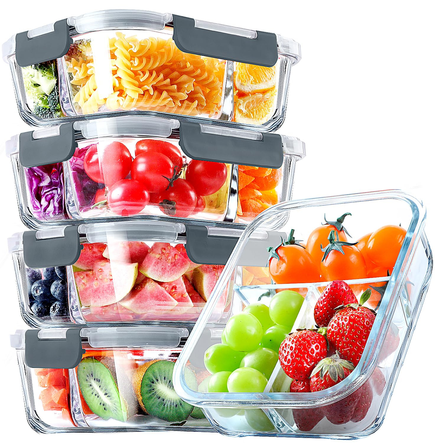 VERONES 5 Pack Glass Meal Prep Containers 3 Compartment Set, 36OZ Airtight Glass Lunch Containers... | Amazon (US)