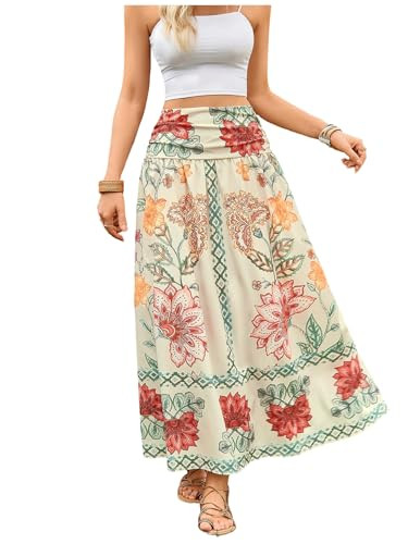 Verdusa Women's Boho Floral Print Maxi Skirt Shirred High Waisted A Line Flowy Long Skirts | Amazon (US)