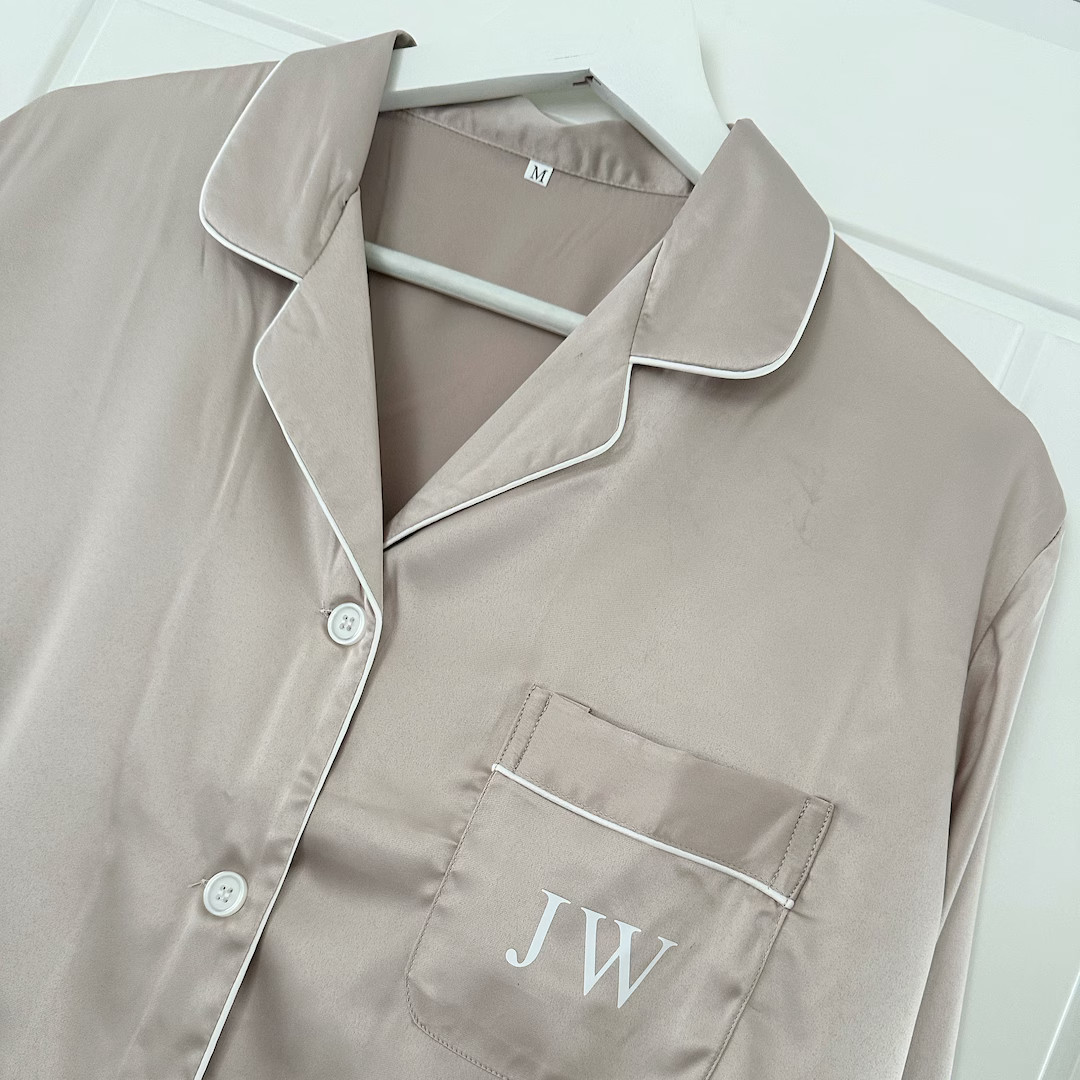 Beige Personalised Satin Pyjamas, Oyster Bridesmaid Pyjamas, Personalised Pjs, Wedding Pyjamas, B... | Etsy (US)