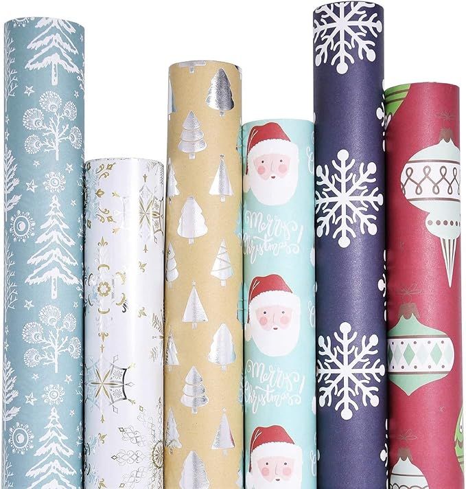 UNIQOOO 6 Festive Designs Christmas Wrapping Paper Precut Sheets, Each 27.5 x17 Inch- Blue Silver... | Amazon (US)